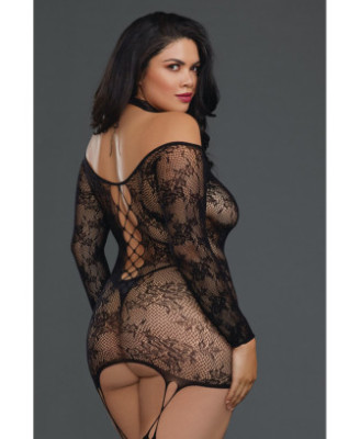 Bodystocking résille guêpière grande taille réversible avec tour de cou 